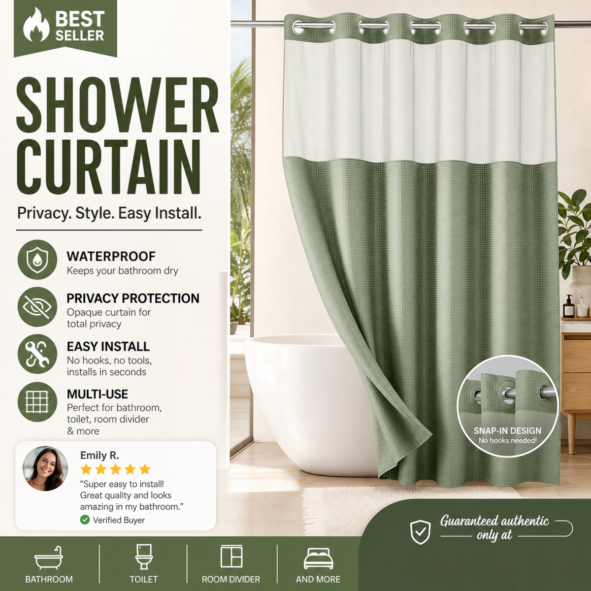 Finally, a shower curtain that actually keeps water IN no hooks, no leaks, waffle texture