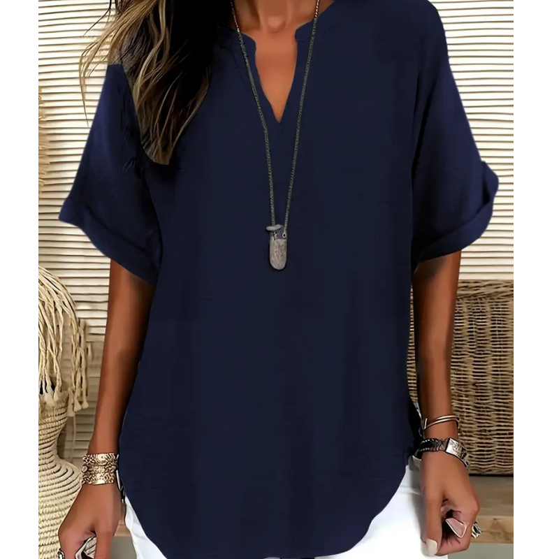 Women's Plain Short Sleeve V-Neck Chiffon Blouse