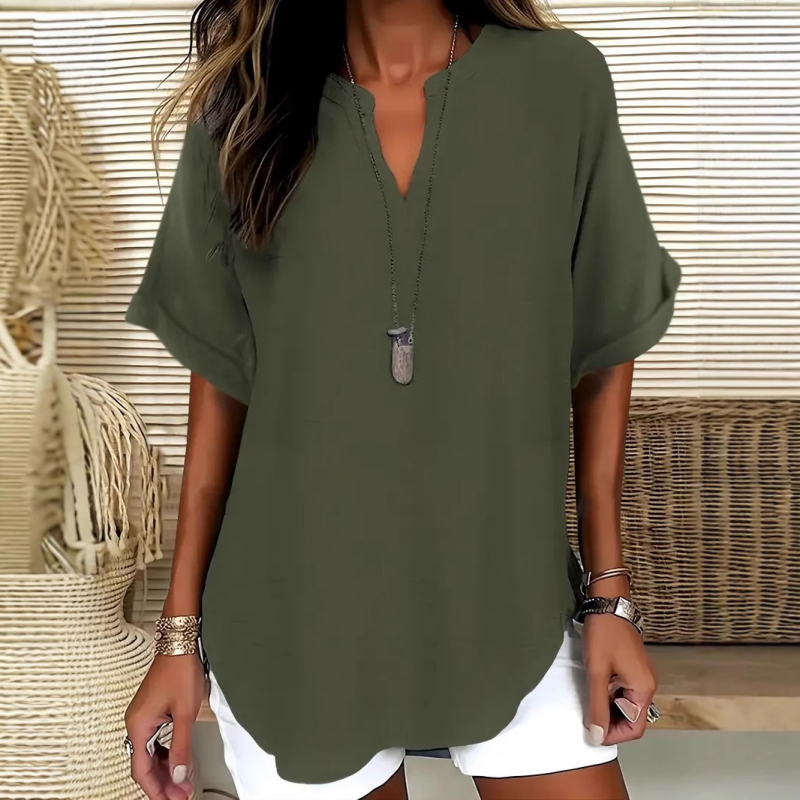 Women's Plain Short Sleeve V-Neck Chiffon Blouse