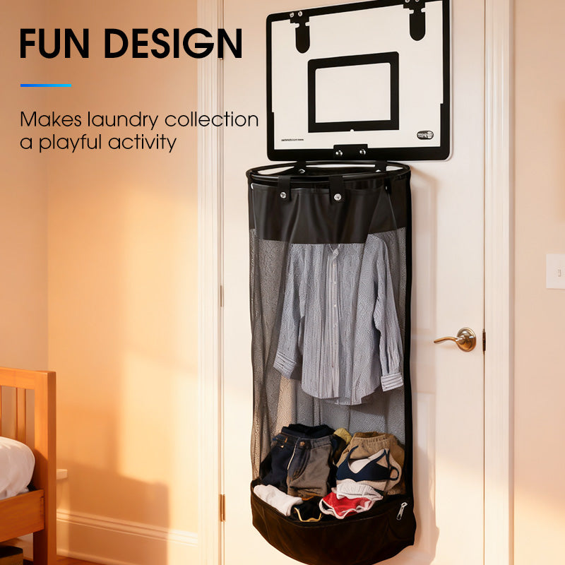 Over-the-Door Basketball Laundry Hamper | Creative Score Game, Big Black Mesh Net, Acrylic/Wood Backboard