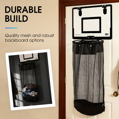 Over-the-Door Basketball Laundry Hamper | Creative Score Game, Big Black Mesh Net, Acrylic/Wood Backboard