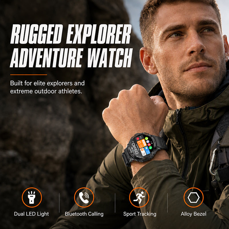 Outdoor Smartwatch Rugged, LED Flashlight & Bluetooth Calling For Sports, Fitness & Adventure