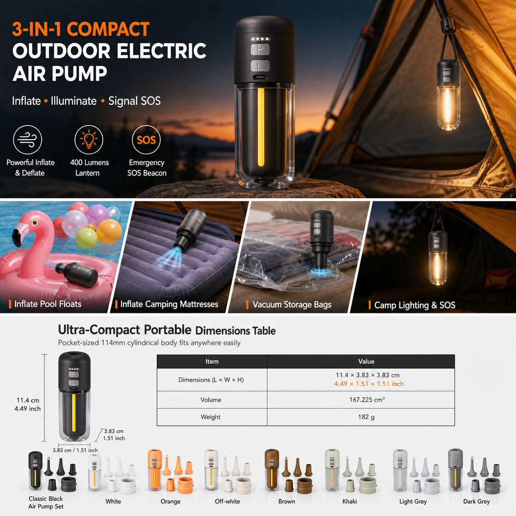 Portable Outdoor Air Pump and Deflator with Emergency Light Ambient Light and SOS Function for Pool Floats Inflatable