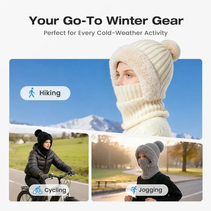 Ready for Winter! Women 3-in-1 Knitted Balaclava Hat, Fleece Lined Warm Hood Beanie with Scarf & Face Mask