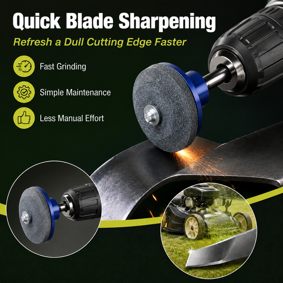 Mower Blade Sharpening Attachment Fits Most Drills, Fast & Simple