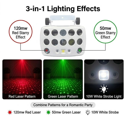 3-in-1 DJ Party Lights RGBW Derby Beam, Sound Activated + Remote